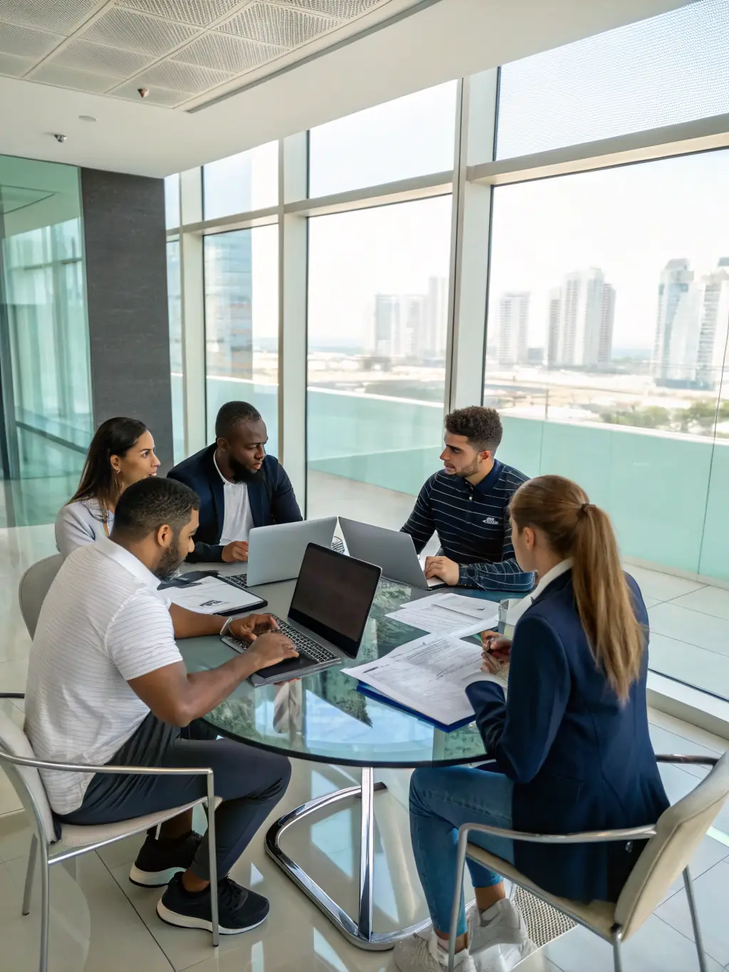 A collaborative image of representatives from different sports organizations meeting to discuss strategies for sports development, emphasizing cooperation and partnership.