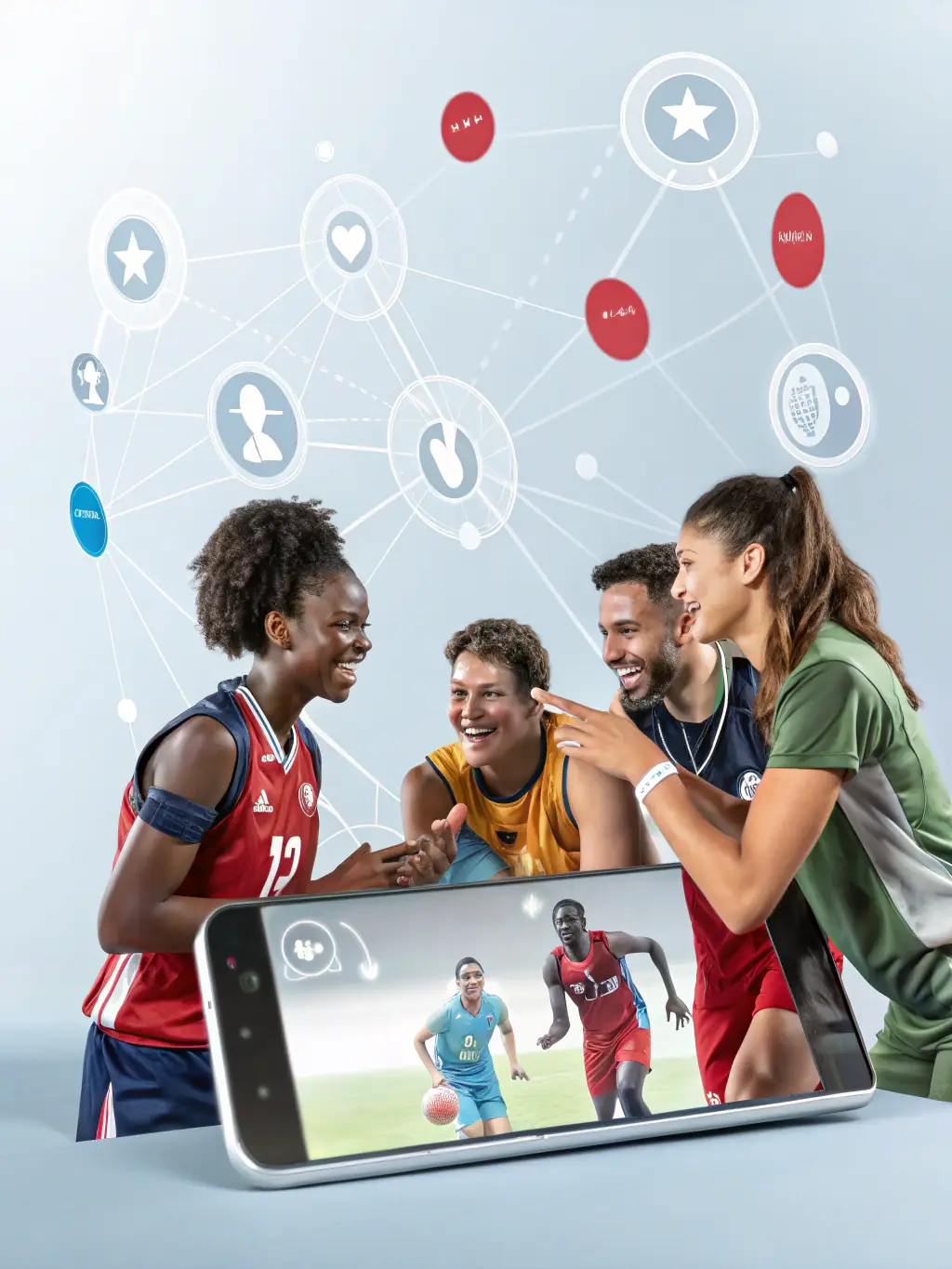 A vibrant image of young athletes from various Francophone countries participating in a youth sports exchange program, showcasing teamwork and cultural exchange.