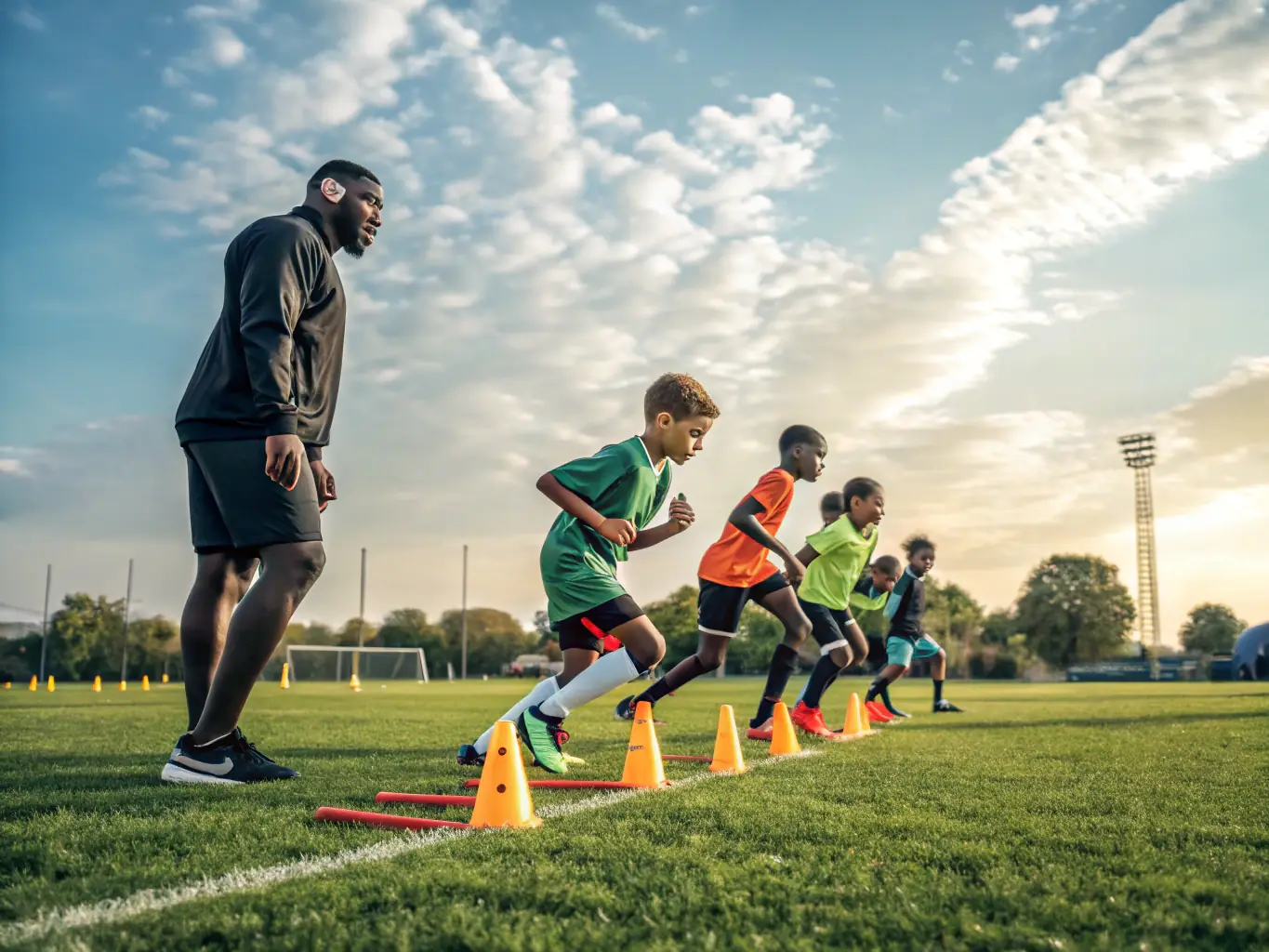 A vibrant image showcasing young athletes from various Francophone countries participating in a CIUSF-sponsored sports training camp, emphasizing teamwork and skill development.